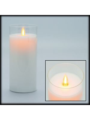 Candela Ø 7,5 x h 17,5 cm cera bianca con vetro, moving flame, led bianco caldo