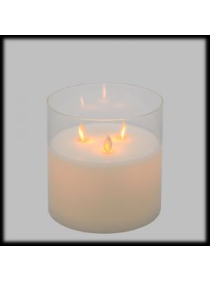 Candela Ø15cm x H15cm cera bianca con vetro, 3 moving flame, led bianco caldo