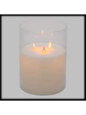 Candela Ø15cm x H20cm cera bianca con vetro, 3 moving flame, led bianco caldo