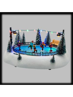 Villaggio di Natale 26 x h 13 cm con pattinatori in movimento e musica natalizia
