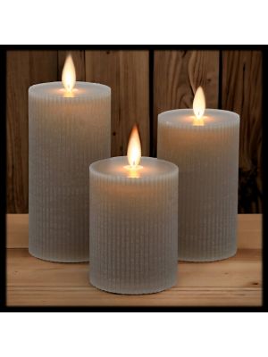 Set 3 candele in cera grigio marrone taupe a coste, con moving flame, bianco caldo