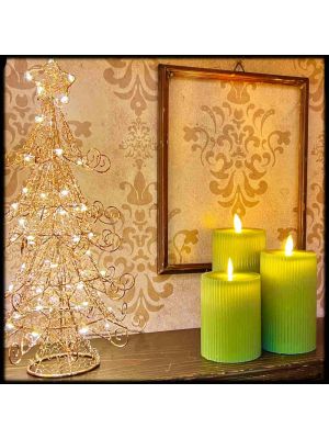 Set 3 candele in cera verde jade a coste, con moving flame, bianco caldo