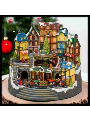 Villaggio di Natale, stazione con trenino e albero rotante, h 38cm