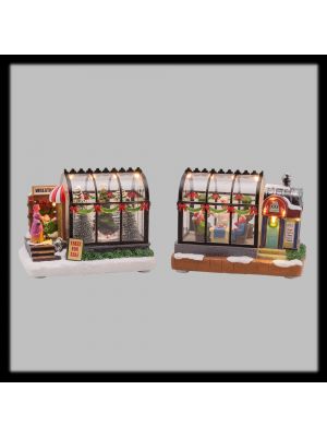 Decorazione per villaggio, serra con alberi di Natale e pasticceria, H12 cm