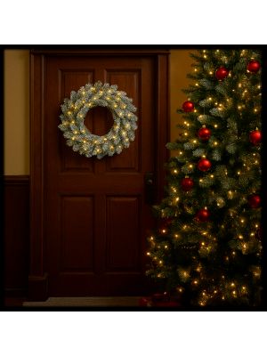 Ghirlanda in finto pino verde, effetto neve, Ø 40 cm, 50 led bianco caldo, a batteria