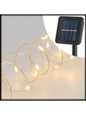 Catena solare 20 m, cavo metal silver, 200 microled bianco caldo