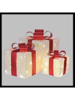 Set 3 pacchi regalo in tessuto H 25|20|15 cm, led a luce fissa, bianco caldo