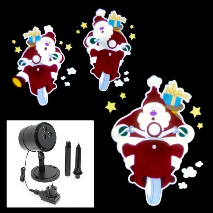 Immagini Babbo Natale Animate.Proiettore Led Color Musicale Animato Babbo Natale In Corsa Su Scooter Rosso