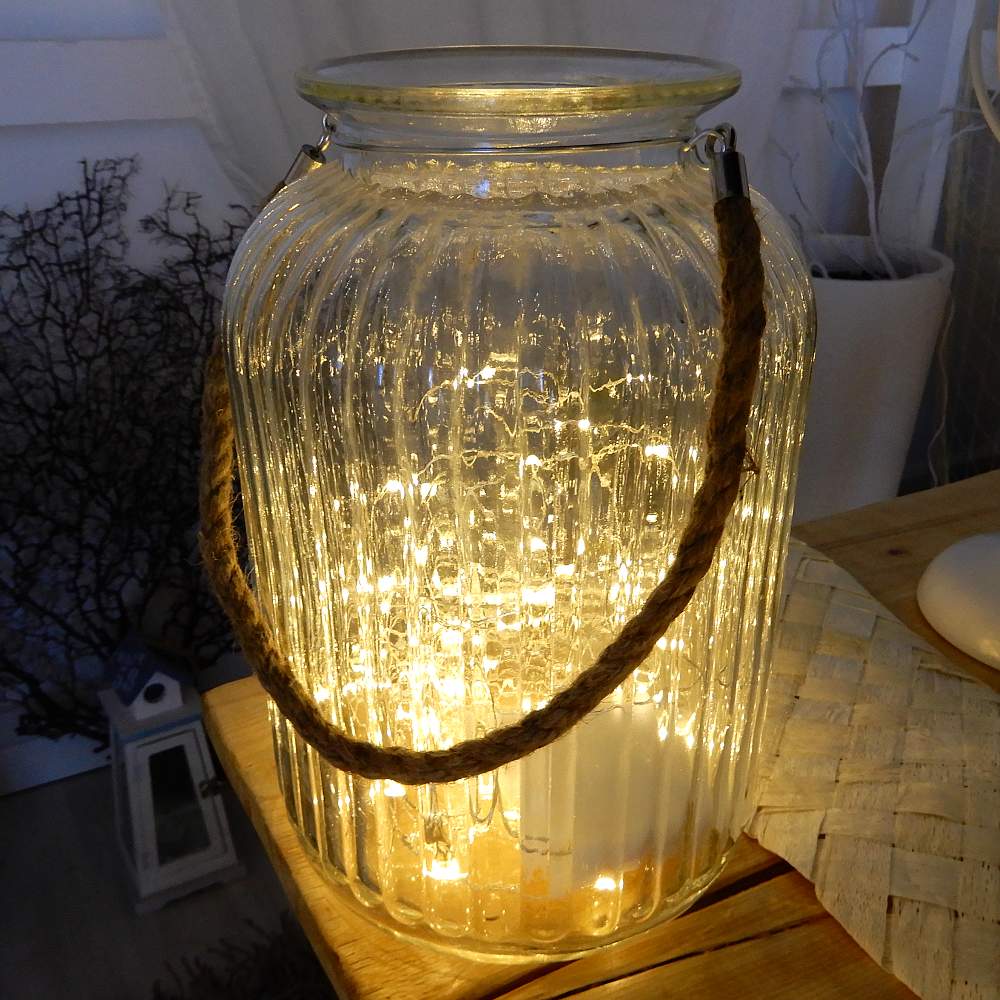 Vaso Lanterna In Vetro Blu - Con Corda In Canapa Per Appendere | Diametro 14cm, Altezza 18cm