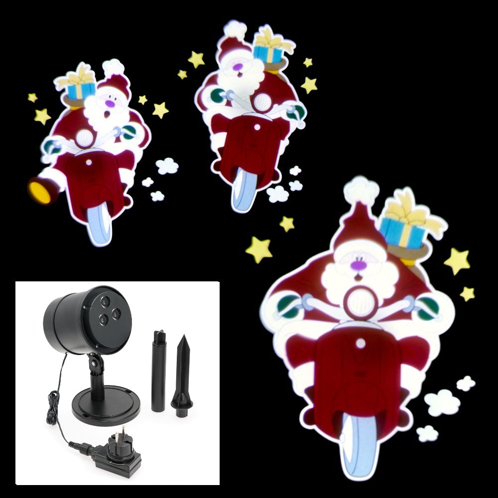 Babbo Natale Immagini Animate.Proiettore Led Color Musicale Animato Babbo Natale In Corsa Su Scooter Rosso